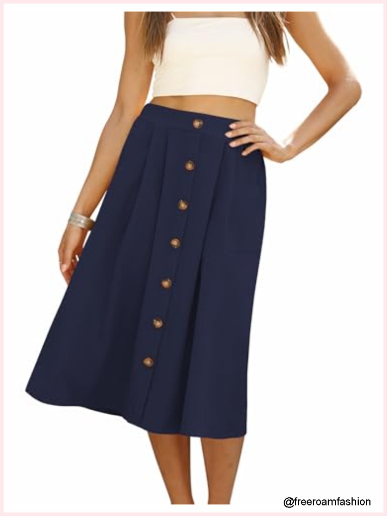 High Waisted Midi Skirt With Pockets A-Line Front Button Casual
